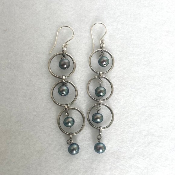 Sterling Silver 925 3" Long Round Triple Tiered Peacock Pearl Dangle Earrings - Picture 16 of 16